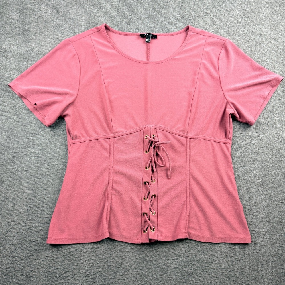 AUW Lace Up Corset Front Women's L Large Short Sleeve Top Mauve Pink T97124F67